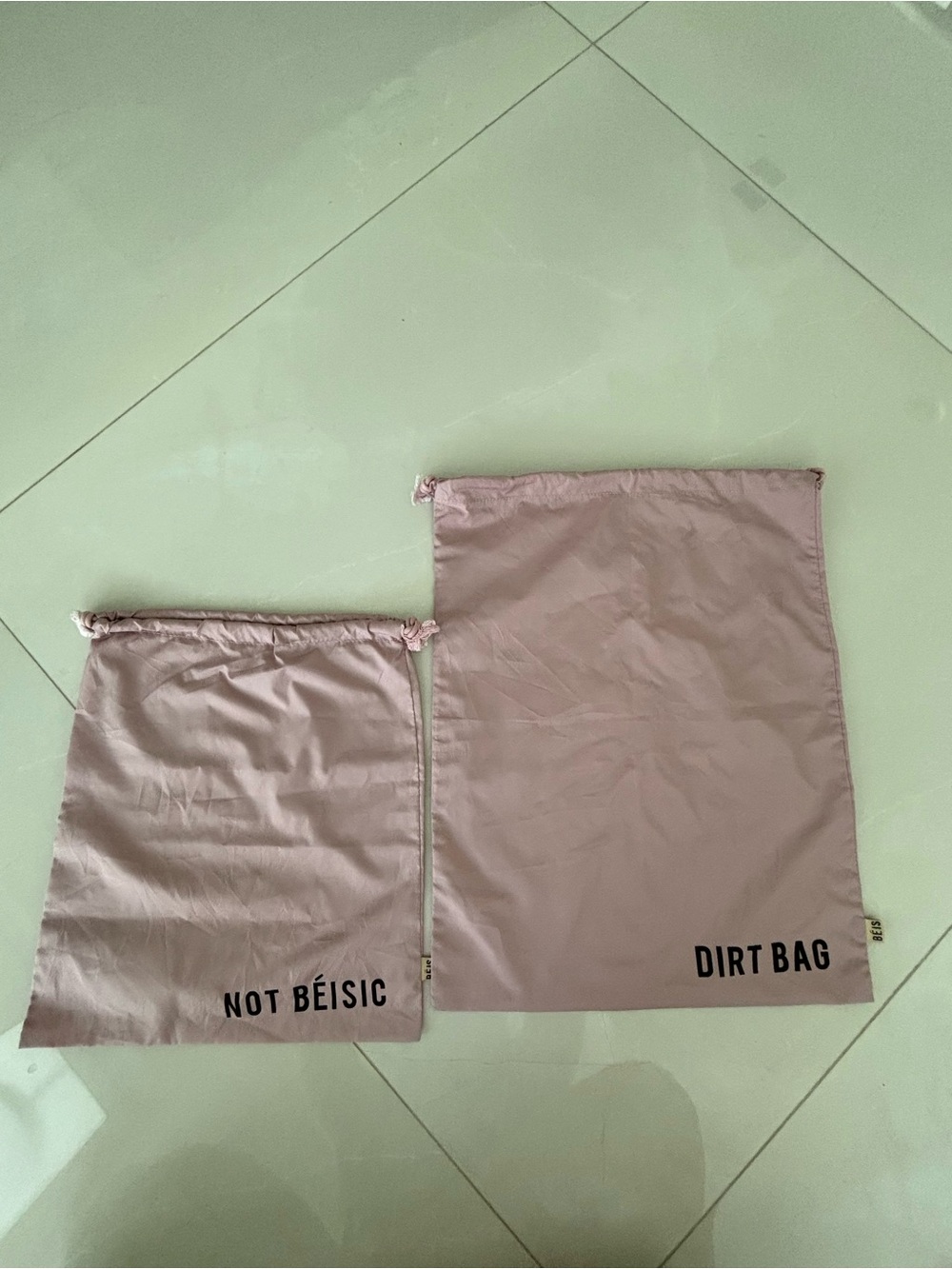 Dusty Pink Drawstring Bags - "NOT BÉISIC" & "DIRT BAG"